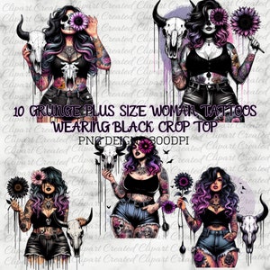 Plus Size Girl, Tattoos, Holding Sunflower and Bull Skull Clipart,  Create Your Own Designs, Sublimation, Boho Girl, Plus Size Clip Art