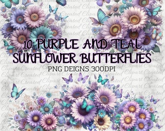 Purple and Teal, Sunflowers and Butterflies, Commercial Use Clip art, Create Your Own Designs, Sublimation, Personalise Your Designs,