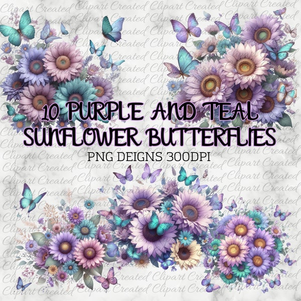 Purple and Teal, Sunflowers and Butterflies, Commercial Use Clip art, Create Your Own Designs, Sublimation, Personalise Your Designs,