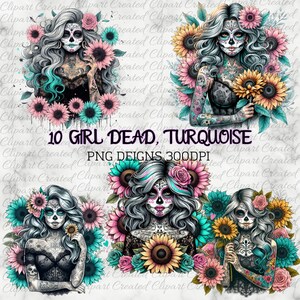 Skeleton Girl, Turquoise Pastel Sunflowers, Commercial Use, Clipart, Create Your Own Designs, Sublimation, Boho Girl, Tattooed Girl