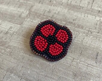 Handmade Beaded Little Red Poppy Pin Backed With Faux Leather