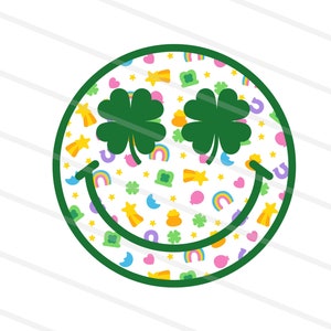 May include: A circular graphic featuring a smiley face with green shamrock eyes and a green outline. The face is filled with a pattern of lucky charms, rainbows, stars, and horseshoes, all in bright colors. The design is perfect for St. Patrick's Day.
