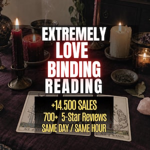 Könnte beinhalten: Drei Tarotkarten mit der Aufschrift Ace of Cups, Ace of Pentacles und Ace of Wands auf einem dunklen Tuch mit brennenden Kerzen. Der Text lautet: EXTREMELY LOVE BINDING READING, +14.500 SALES, 700+ 5-Star Reviews, SAME DAY / SAME HOUR.