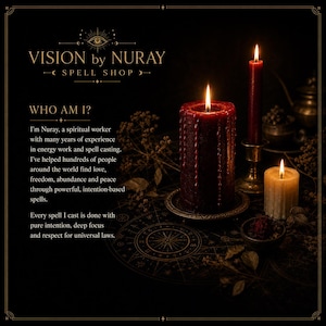 Op de afbeelding: Een donkerrode stompkaars met waxdruppels, een hoge dunne rode kaars in een koperen houder en een korte cr&egrave;mekleurige kaars. De tekst luidt: VISION by NURAY SPELL SHOP, WHO AM I? I'm Nuray, a spiritual worker with many years of experience.
