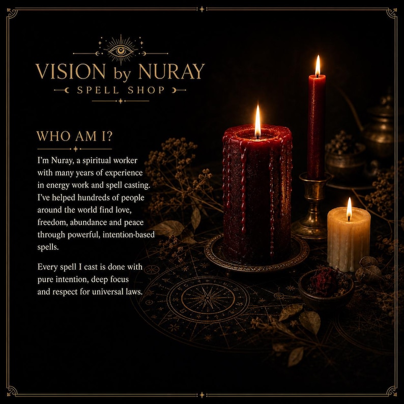 Op de afbeelding: Een donkerrode stompkaars met waxdruppels, een hoge dunne rode kaars in een koperen houder en een korte cr&egrave;mekleurige kaars. De tekst luidt: VISION by NURAY SPELL SHOP, WHO AM I? I'm Nuray, a spiritual worker with many years of experience.