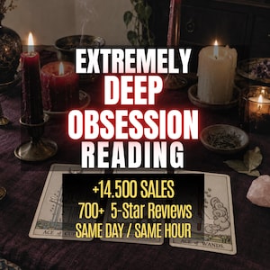 Op de afbeelding: Drie tarotkaarten met de labels Ace of Cups, Ace of Pentacles en Ace of Wands op een donkerpaarse doek. De tekst luidt EXTREMELY DEEP OBSESSION READING, +14.500 SALES, 700+ 5-Star Reviews en SAME DAY / SAME HOUR met brandende kaarsen.