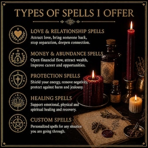 Op de afbeelding: Een zwart informatiebord met de titel TYPES OF SPELLS I OFFER in gouden tekst, met categorie&euml;n zoals Love & Relationship, Money & Abundance, Protection, Healing en Custom Spells, vergezeld door iconen en brandende kaarsen op een donkere ondergrond.