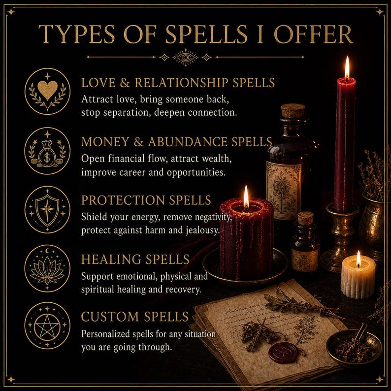 Op de afbeelding: Een zwart informatiebord met de titel TYPES OF SPELLS I OFFER in gouden tekst, met categorie&euml;n zoals Love & Relationship, Money & Abundance, Protection, Healing en Custom Spells, vergezeld door iconen en brandende kaarsen op een donkere ondergrond.