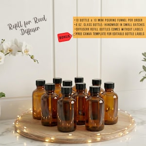 May include: Ten 4 oz. amber glass bottles for reed diffuser refills with black screw caps. The set includes 10 mini pouring funnels. Text on image: Refill for Reed Diffuser, 10 bottle & 10 mini pouring funnel per order, 4 oz. glass bottle.