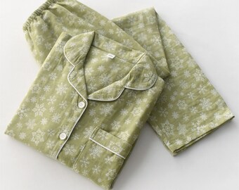 Snowy winter- Fresh Green and Sweet Pink SOFT Cute Womens Gauze COTTON Pajama set,  retro cotton pajama set, women nightgown, 100% cotton,