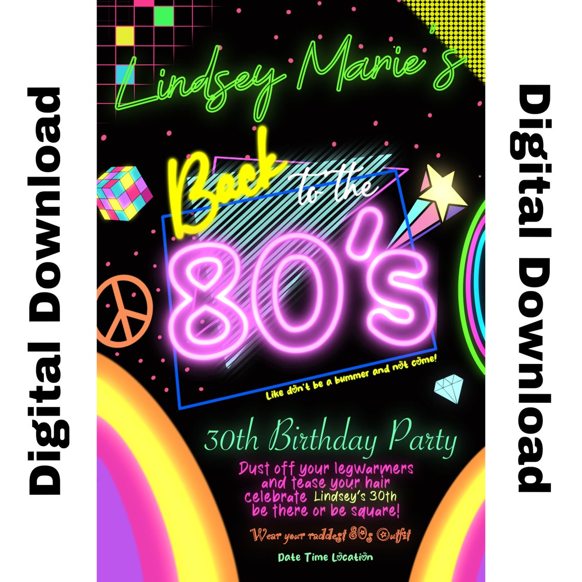 80s 90s Neon Birthday Invitation - Etsy