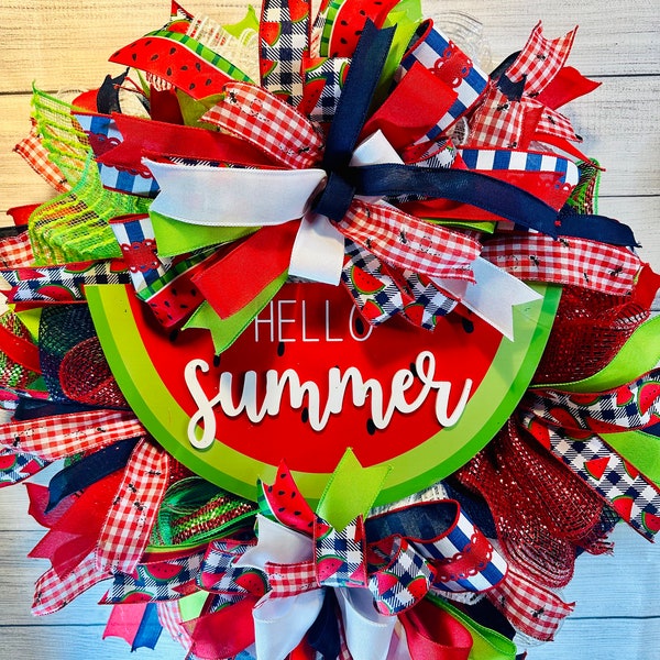 Cookouts Vibrant Welcome Summer Mesh Watermelon Wreath Perfect for Doors and Porches wood sign  Luscious bow Red Lime Gingham Farmhouse