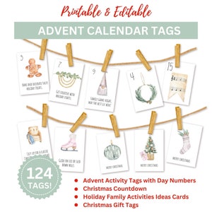 Christmas Countdown Printable, Printable Advent Calendar, Customizable Christmas Gift Tags, Christmas Bucket List, December Activities Idea