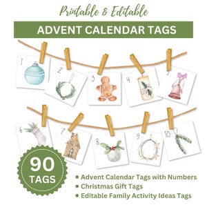 Christmas Countdown Printable, Printable Advent Calendar, Customizable Christmas Gift Tags, Christmas Bucket List, December Activities Idea