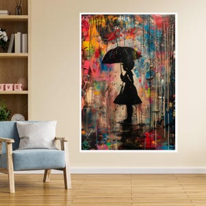 Colorful Umbrella Girl, Silhouette Canvas Art, Street Art Style, Wall Art Canvas Design, Ready to Hang Decoration