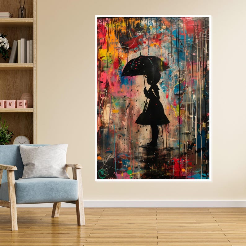 Colorful Umbrella Girl, Silhouette Canvas Art, Street Art Style, Wall Art Canvas Design, Ready to Hang Decoration