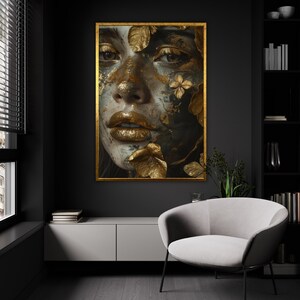 Golden Allure: Un retrato del lienzo de elegancia de la naturaleza, arte de fantasía floral metálico, lujosa decoración de pared inspirada en la naturaleza, listo para colgar