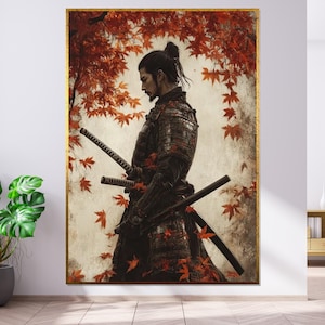 Samurai Autumn Leaves Canvas, Warrior Wall Art, Japanese Samurai Print, Wall Art Canvas Design, Ready To Hang Decoration