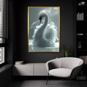 Lienzo sereno del lago de los cisnes, arte etéreo de aves acuáticas, elegante decoración de la pared de pájaros, impresión de naturaleza tranquila, elegante acento casero, listo para colgar