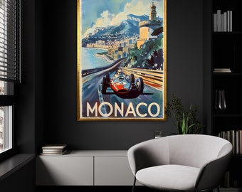 Monaco Grand Prix Vintage Series Canvas Wall Art, Race Through Riviera Decor, Ready-to-Hang