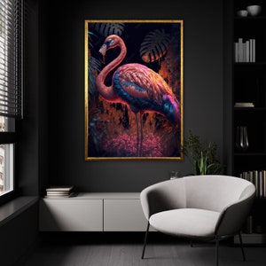 Lienzo de flamenco crepuscular tropical, arte de pared de la selva encantada, plumaje vívido, retrato artístico de flamenco listo para colgar