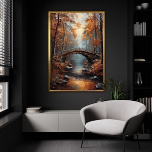 Autumnal Serenity Bridge Canvas Print, Tranquil Forest Scene Wall Art, Nature Home Decor, Rustic Fall Landscape Painting, Ready to Hang