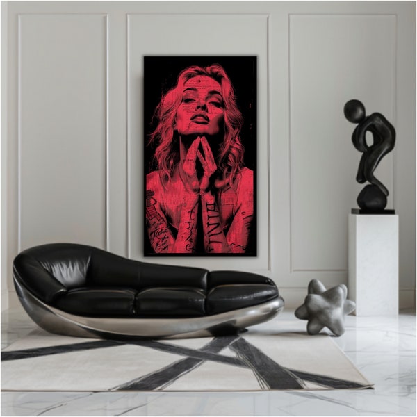 Erotic Woman Canvas, Sensual Female Portrait, Red Black Wall Art, Modern Erotic Decor, Sexy Lips Canvas Print