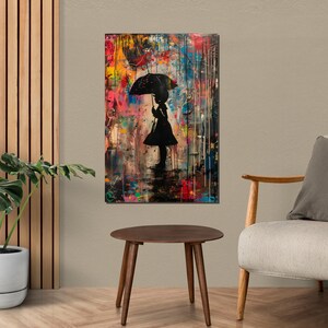 Colorful Umbrella Girl, Silhouette Canvas Art, Street Art Style, Wall Art Canvas Design, Ready to Hang Decoration
