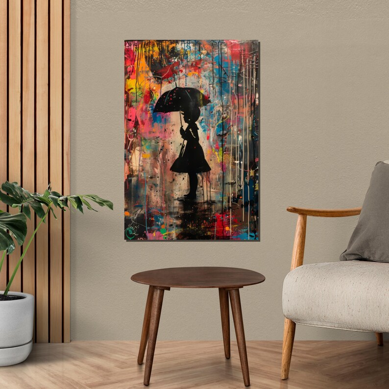 Colorful Umbrella Girl, Silhouette Canvas Art, Street Art Style, Wall Art Canvas Design, Ready to Hang Decoration