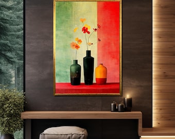 Farbenfrohes Stillleben Leinwanddruck, Matisse-inspirierte Blumenkunst, mutige Vasen mit Blüten, modernistische Wohnkultur, lebendiger dreifarbiger Hintergrund