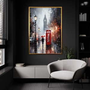 London Rain: Crimson Accents Canvas, Classic Red Phone Booth Art, Misty Cityscape Painting, Elegant Home Decor, Ready to Hang