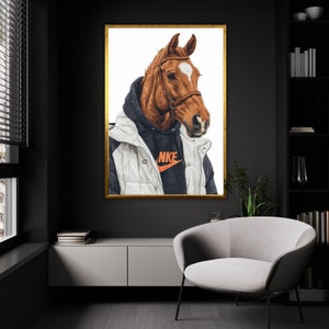 Lienzo chic ecuestre urbano, retrato de caballo vanguardista, estilo callejero equino, arte caprichoso listo para colgar