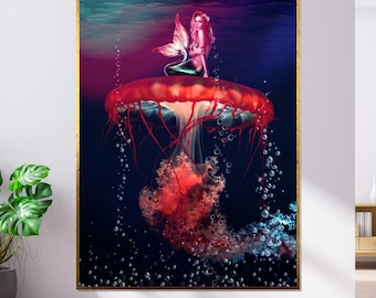 クラゲの上の人魚のキャンバス、水中ファンタジーアート、人魚の壁プリント、海の壁アートキャンバスデザイン、すぐに掛けられる装飾