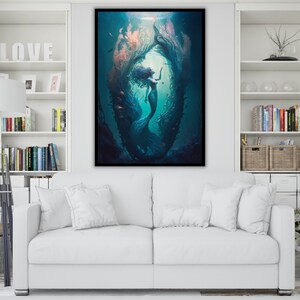 a living room with a white couch and a painting on the wall