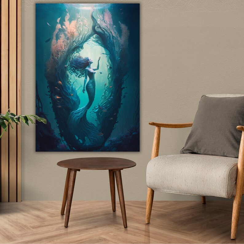 a living room with a chair and a painting on the wall