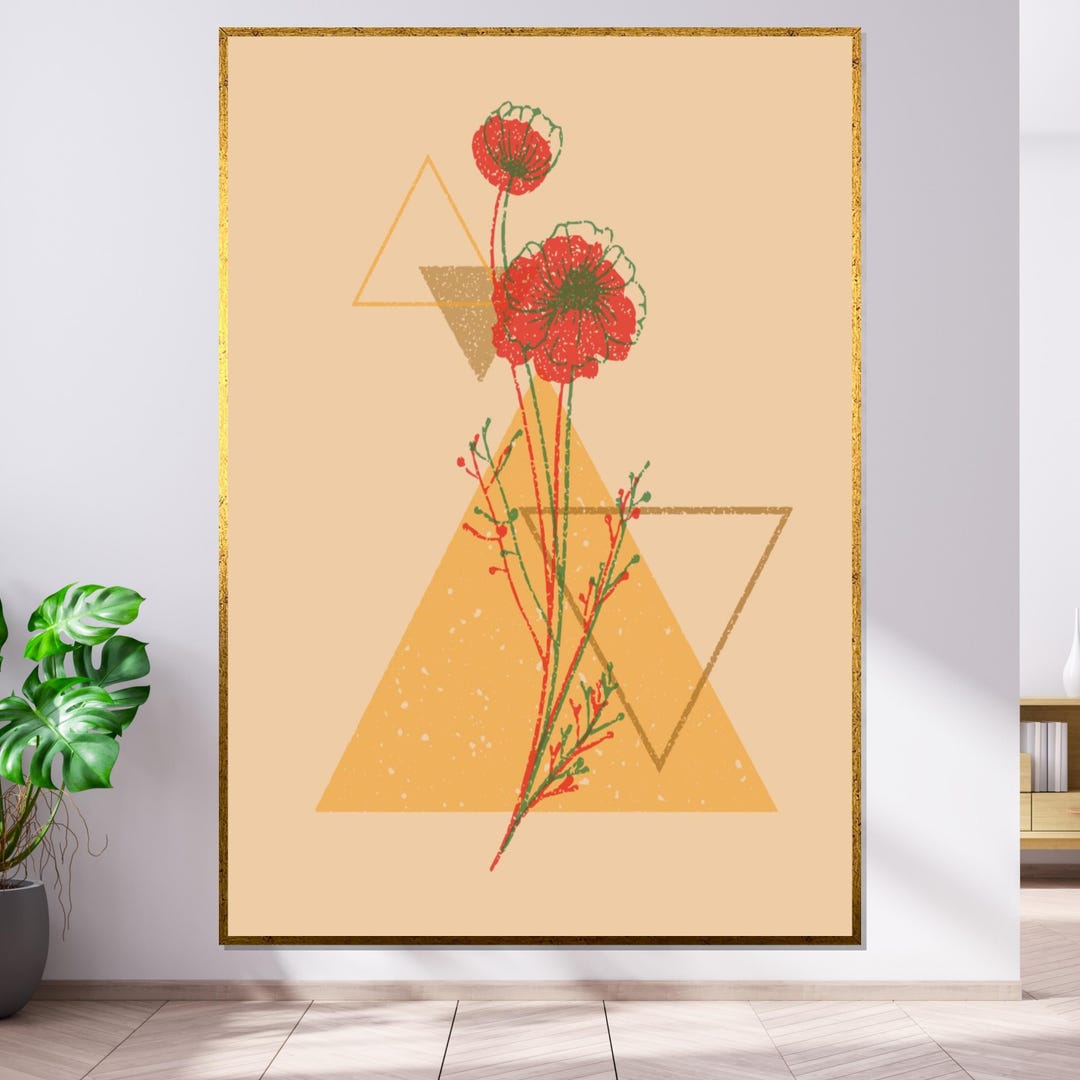 Geometric Floral Art, Red Poppy Canvas, Botanical Wall Art, Flower ...