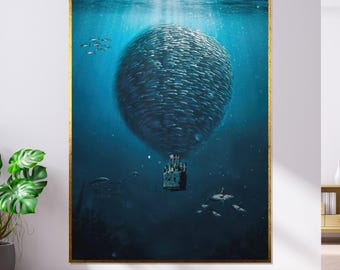 Underwater Fortress Canvas Print, Surreal Fish Ball, Ready to Hang