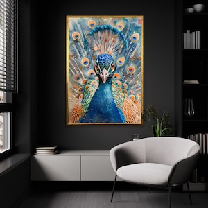 Esplendor en plumas lienzo de pavo real, impresión de arte de plumaje vívido, arte de pared de aves exóticas, decoración majestuosa del hogar, listo para colgar