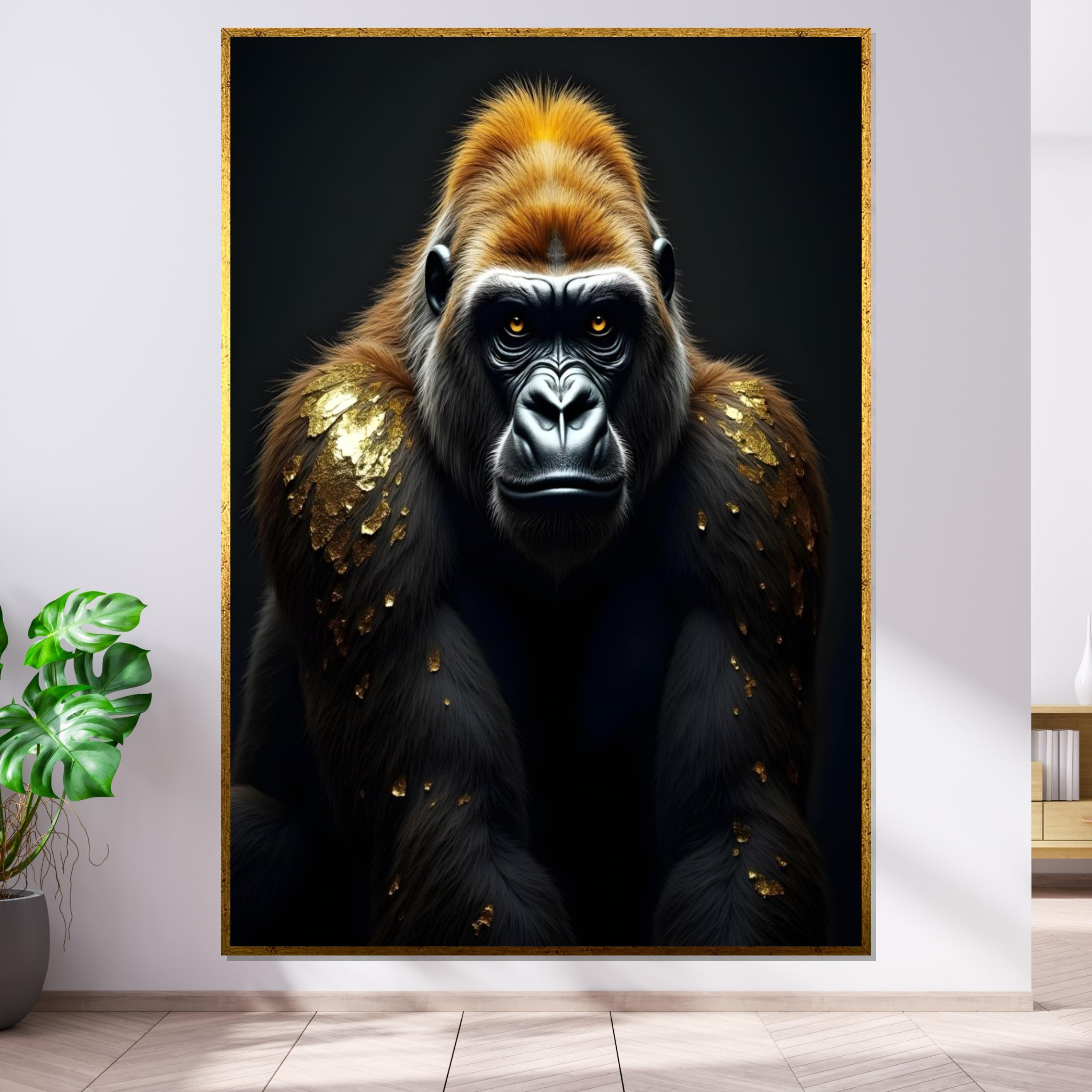 Golden Gorilla Canvas Art, Majestic Animal Print, Gorilla in Gold Wall Poster, Wall Art Canvas Design, Ready to Hang Decoration