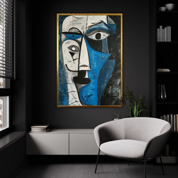 Toile abstraite à facettes visionnaires, portrait cubiste moderniste, oeuvre d'art aux contrastes audacieux, inspiration Picasso, décoration murale de luxe