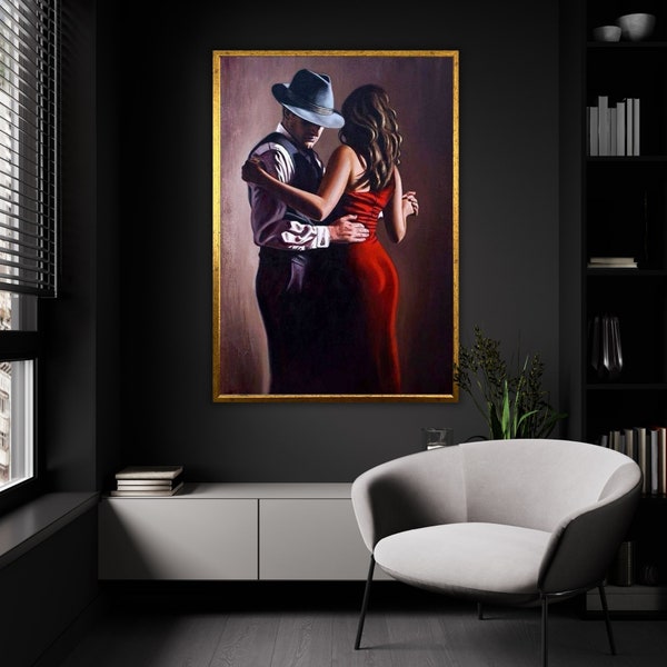 Toile duo tango énigmatique, oeuvre d'art murale silhouette de danse mystérieuse, étreinte rythmique élégante, intrigue romantique prête à accrocher