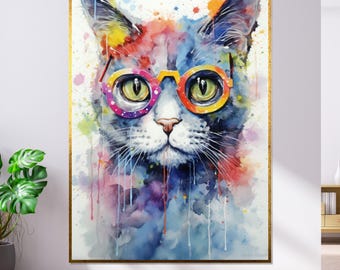 Cuadro de gato colorido, gafas de arcoíris, diseño felino caprichoso