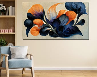 Abstract Floral Canvas, Blue and Orange Flower Print, Modern Wall Art