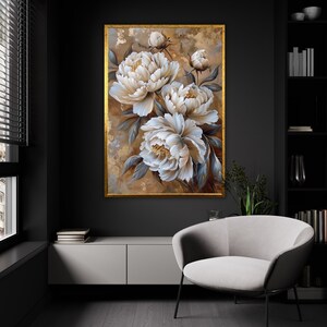 Opulento lienzo de elegancia de peonías, lujoso arte de pared floral, estampado de flores serenas, decoración del hogar, póster elegante, listo para colgar