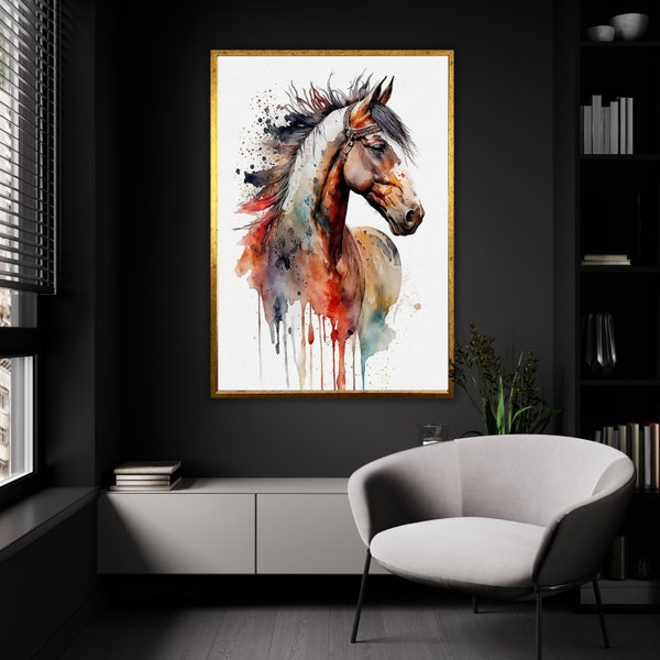 Indian Spirit Equine - Impression sur toile aquarelle cheval, motif de broderie artistique à la main inspiré d'une décoration murale, motif cheval vif au point de croix