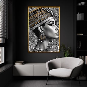 Egyptian Queen Canvas Art, Black and White Cleopatra Wall Decor, Ancient Egypt Artwork, Hieroglyphic Pattern Print