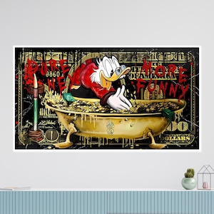 Rich Duck Canvas, arte con paperella da bagno con soldi, arte murale con cartoni animati, design su tela Pop Art, stampa con cartoni animati con dollari, decorazioni pronte da appendere, arte murale divertente