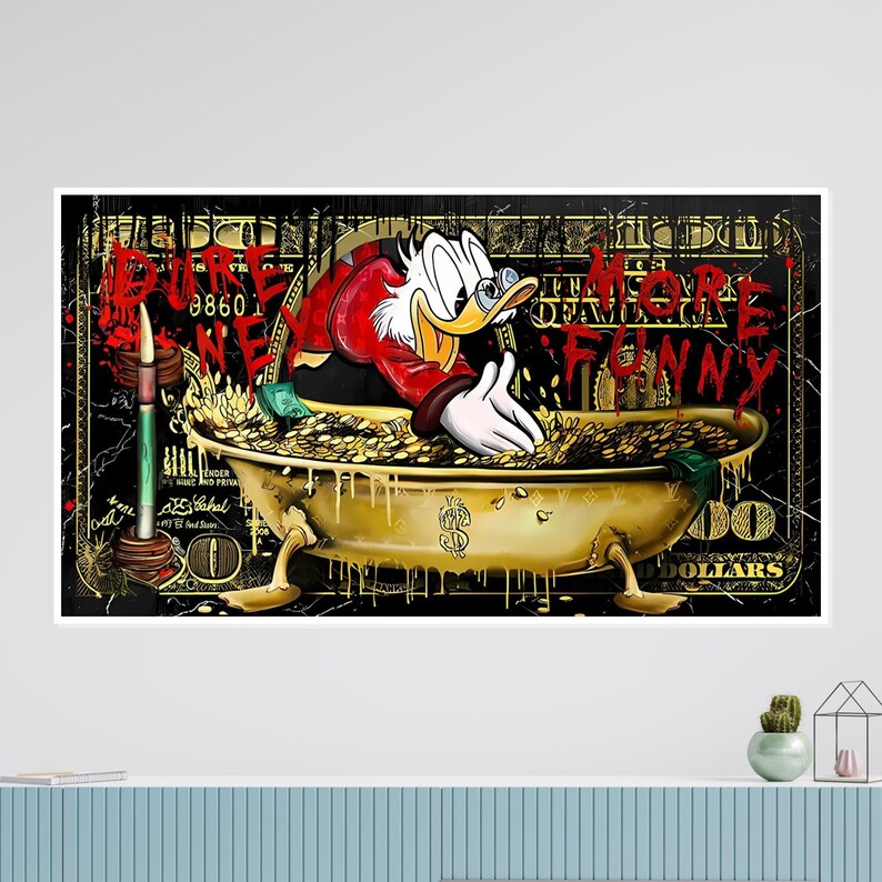 Rich Duck Canvas, Money Bath Duck Art, Cartoon Wall Art, Pop Art Canvas Design, Dollar Cartoon Print, Ready To Hang Decor, Funny Wall Art