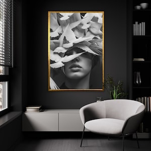 Serenidad en el arte de la pared del vuelo, impresión de lienzo de elegancia monocromática, cartel de paloma pacífica, decoración tranquila del hogar, obras de arte minimalistas de aves