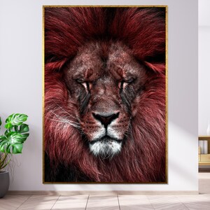 Regal Red Lion Canvas, Majestic Lion Wall Art, Animal Print, Wall Art Canvas Design, Framed Lion Poster, Ready to Hang Decoration